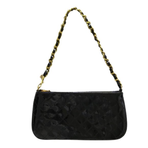 Mini Black Patent Leather Quilted Chain Strap Wristlet - Picture 7 of 7